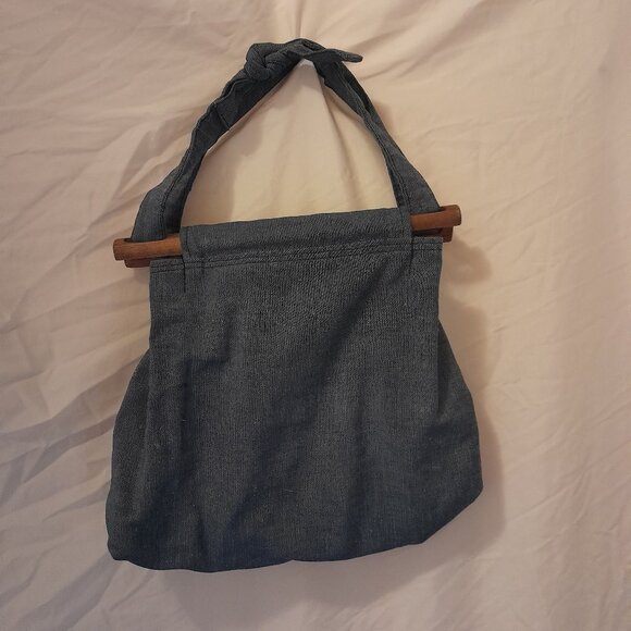 Handbags - Vintage Retro Handmade 1970s Boho Denim Purse w/ wooden closures & Bow detailing